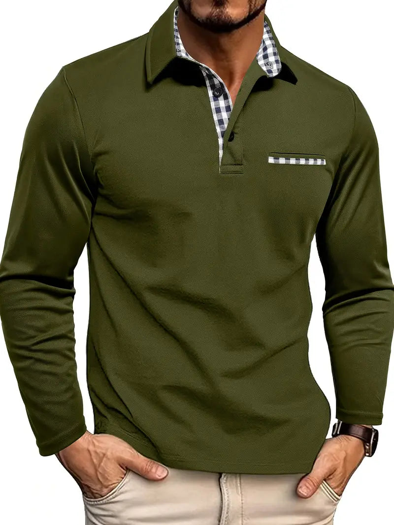 Men's Slim-Fit Long-Sleeve Polo Shirt with Checked Collar and Pocket
