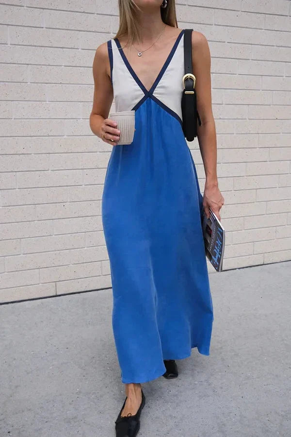 Women's V-Neck Colourblock Midi Dress with Contrast Panels