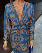 Women's V-Neck Long-Sleeve Printed A-Line Midi Dress with Knot Detail