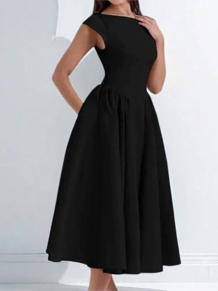 Women's Bateau Neck Cap Sleeve Satin Full Skirt Midi Dress