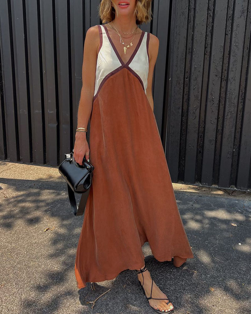 Women's V-Neck Colourblock Midi Dress with Contrast Panels