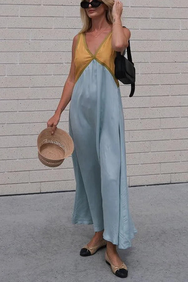 Women's V-Neck Colourblock Midi Dress with Contrast Panels