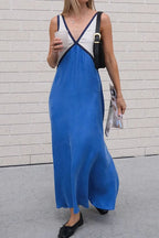 Women's V-Neck Colourblock Midi Dress with Contrast Panels
