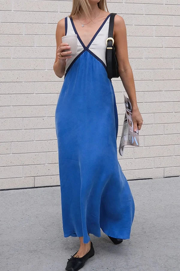 Women's V-Neck Colourblock Midi Dress with Contrast Panels