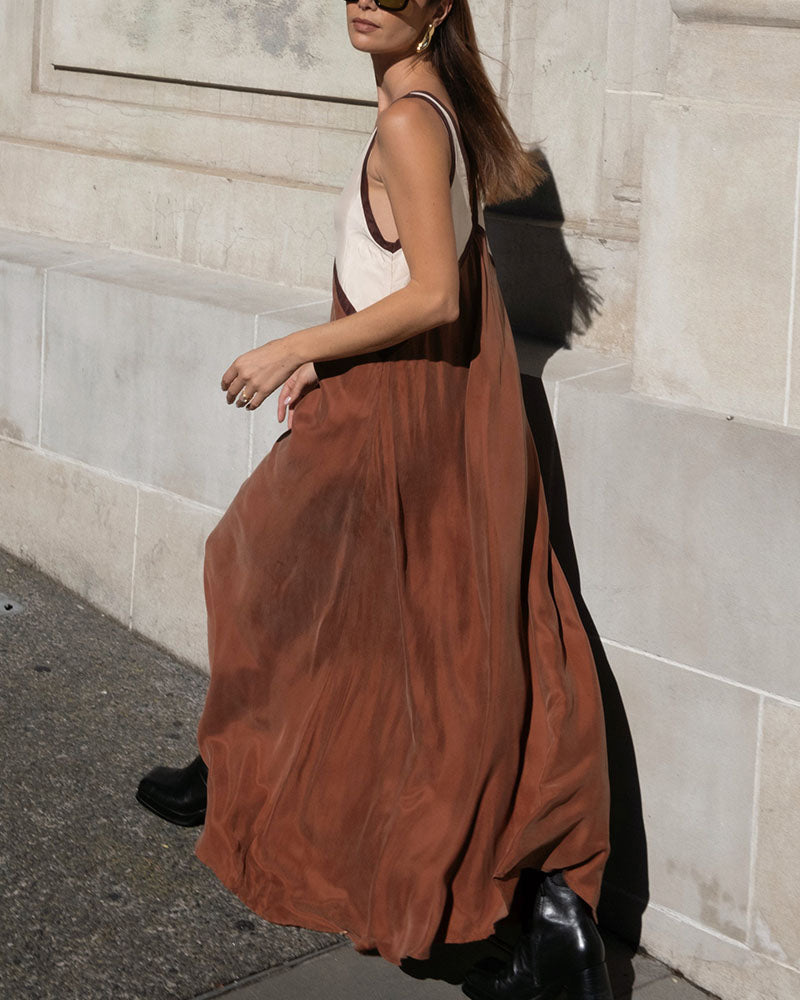 Women's V-Neck Colourblock Midi Dress with Contrast Panels