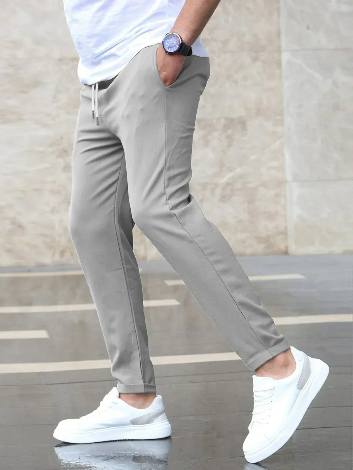 Men's Relaxed-Fit Stretch Pants with Drawstring Elastic Waist