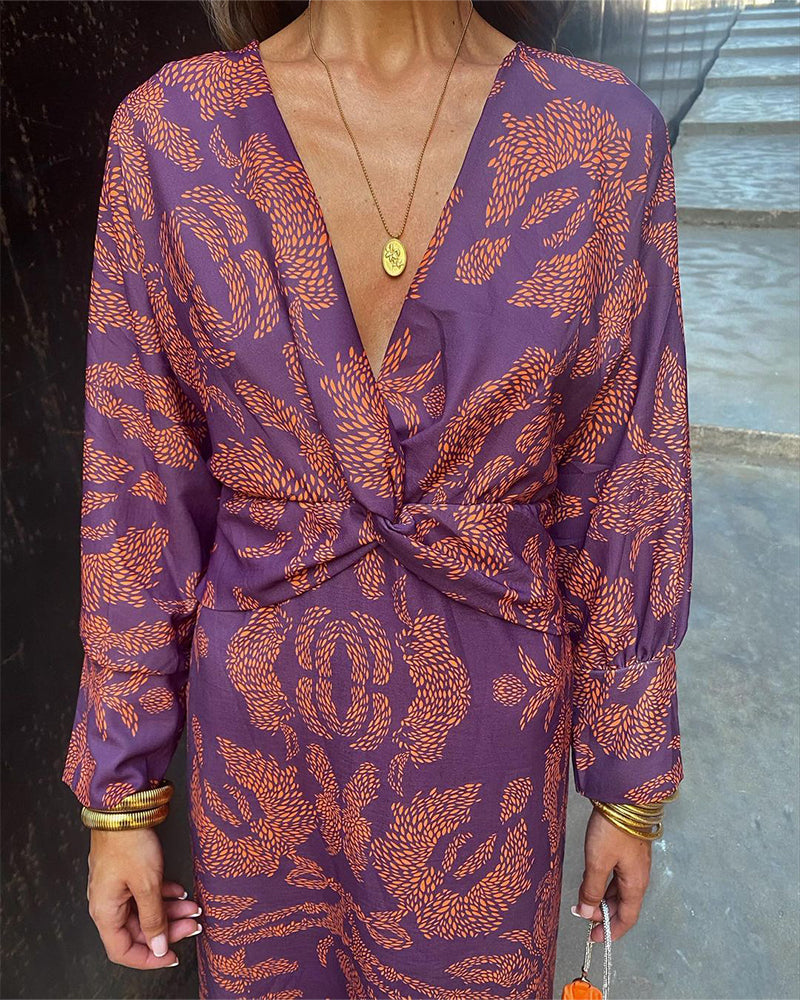 Women's V-Neck Long-Sleeve Printed A-Line Midi Dress with Knot Detail