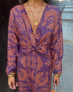 Women's V-Neck Long-Sleeve Printed A-Line Midi Dress with Knot Detail