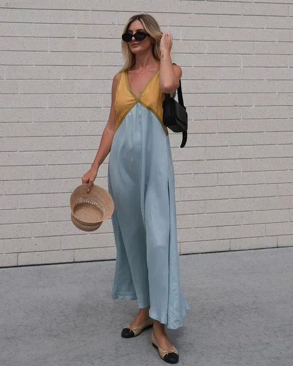 Women's V-Neck Colourblock Midi Dress with Contrast Panels