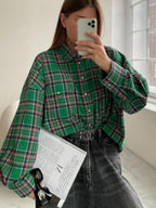 Women's Oversized Plaid Button-Down Shirt with Relaxed Fit
