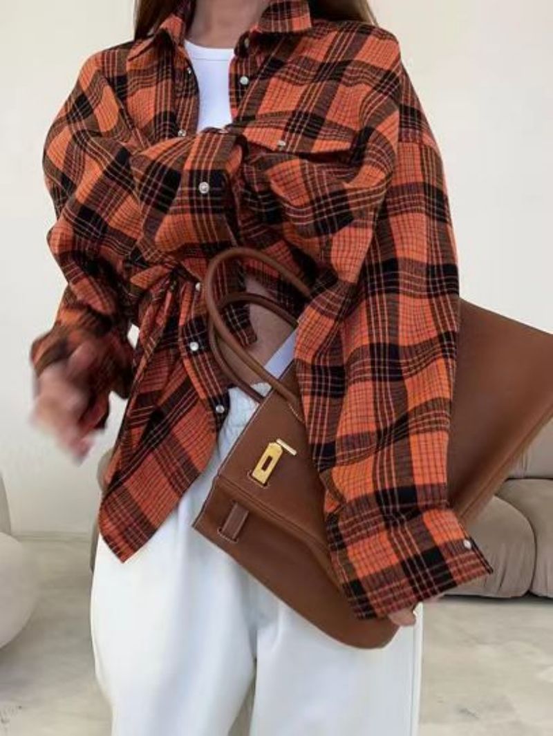 Women's Oversized Plaid Button-Down Shirt with Relaxed Fit