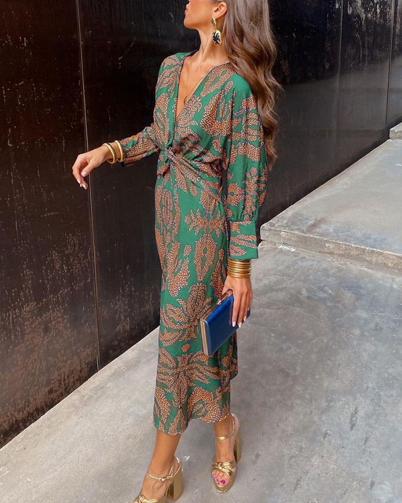 Women's V-Neck Long-Sleeve Printed A-Line Midi Dress with Knot Detail