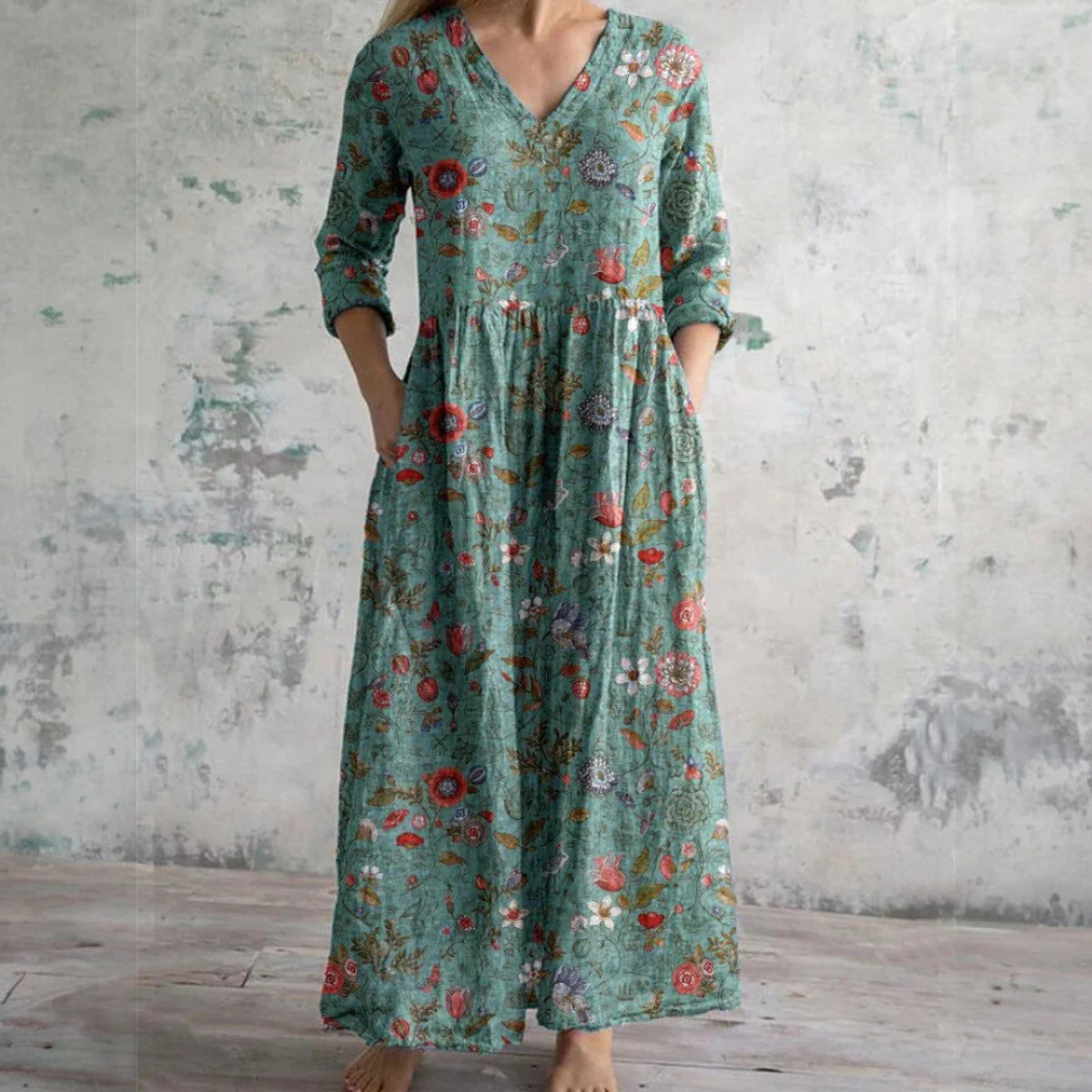 Women's Relaxed-Fit Linen-Cotton Dress with Floral Print