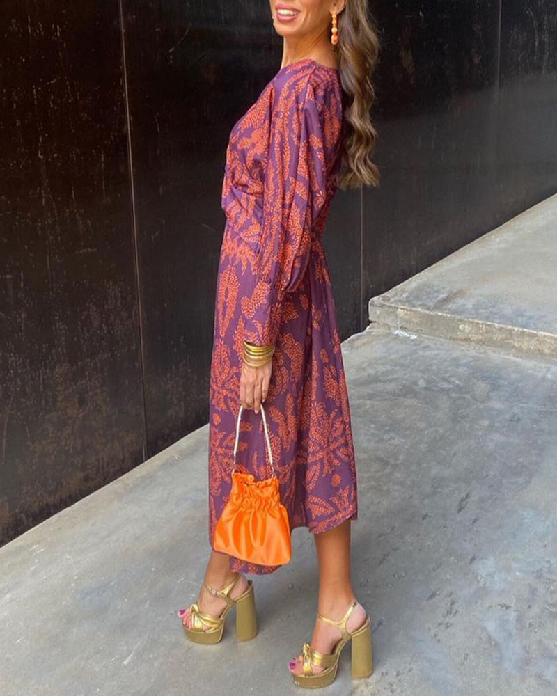 Women's V-Neck Long-Sleeve Printed A-Line Midi Dress with Knot Detail