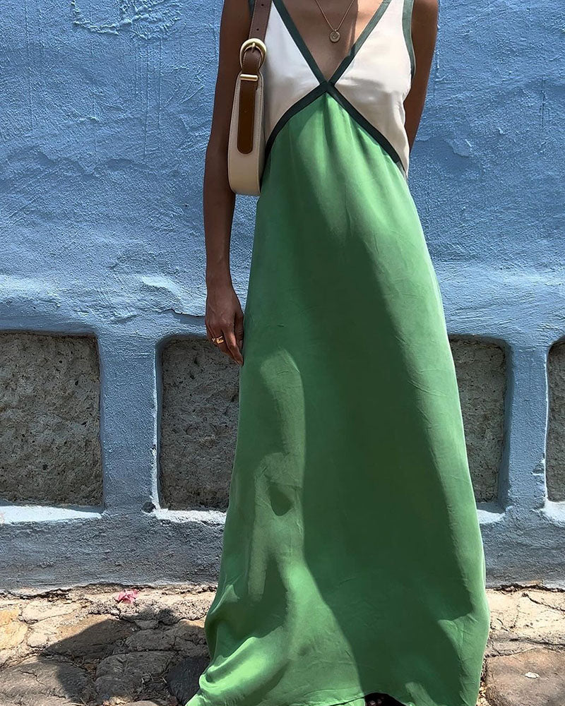 Women's V-Neck Colourblock Midi Dress with Contrast Panels