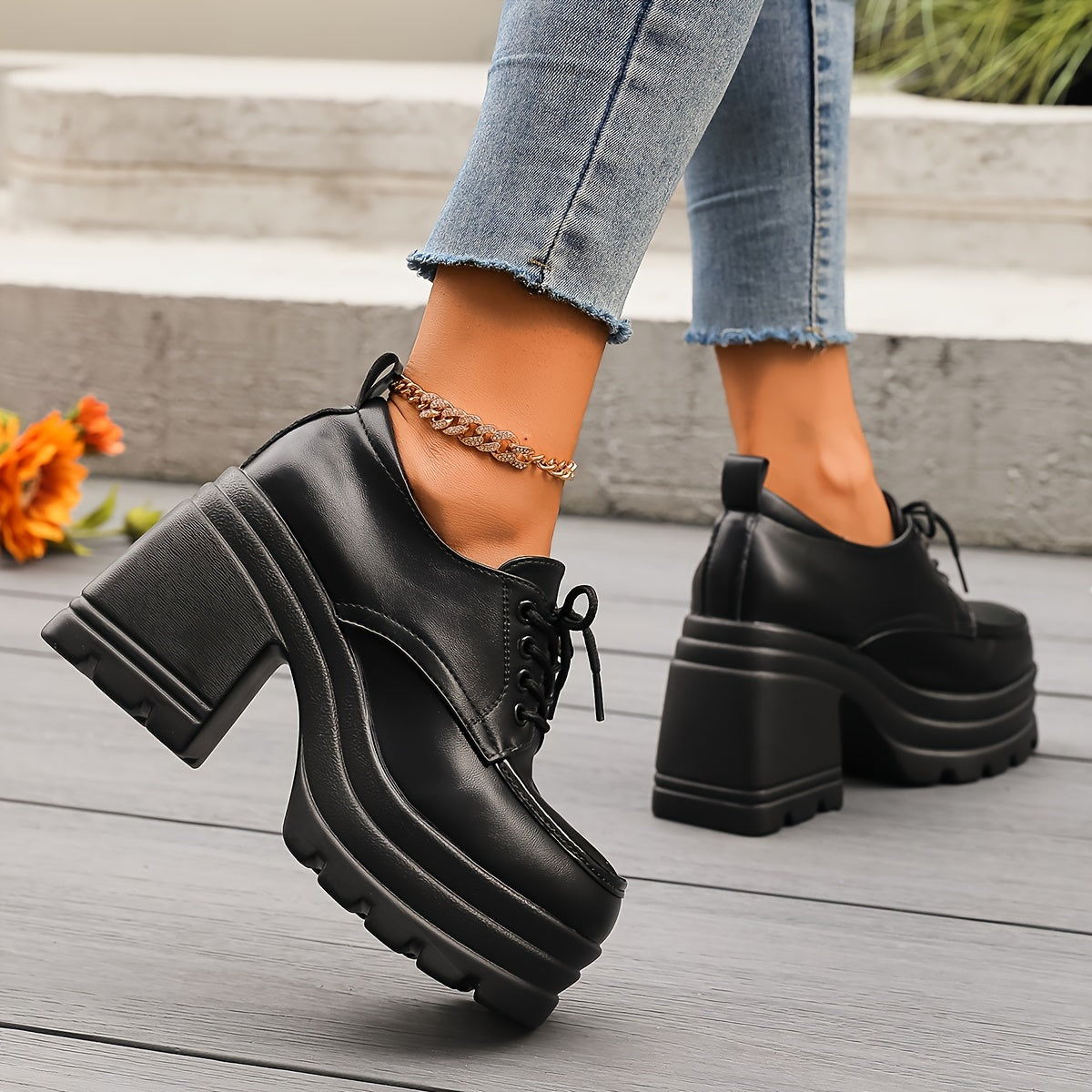 Women's Chunky Lace-Up Platform Shoes with Rubber Sole