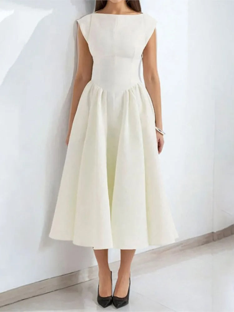 Women's Bateau Neck Cap Sleeve Satin Full Skirt Midi Dress