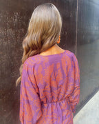 Women's V-Neck Long-Sleeve Printed A-Line Midi Dress with Knot Detail