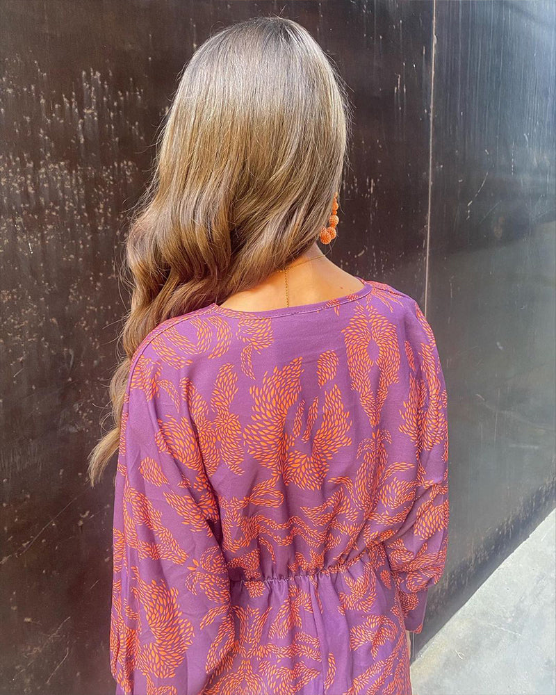 Women's V-Neck Long-Sleeve Printed A-Line Midi Dress with Knot Detail