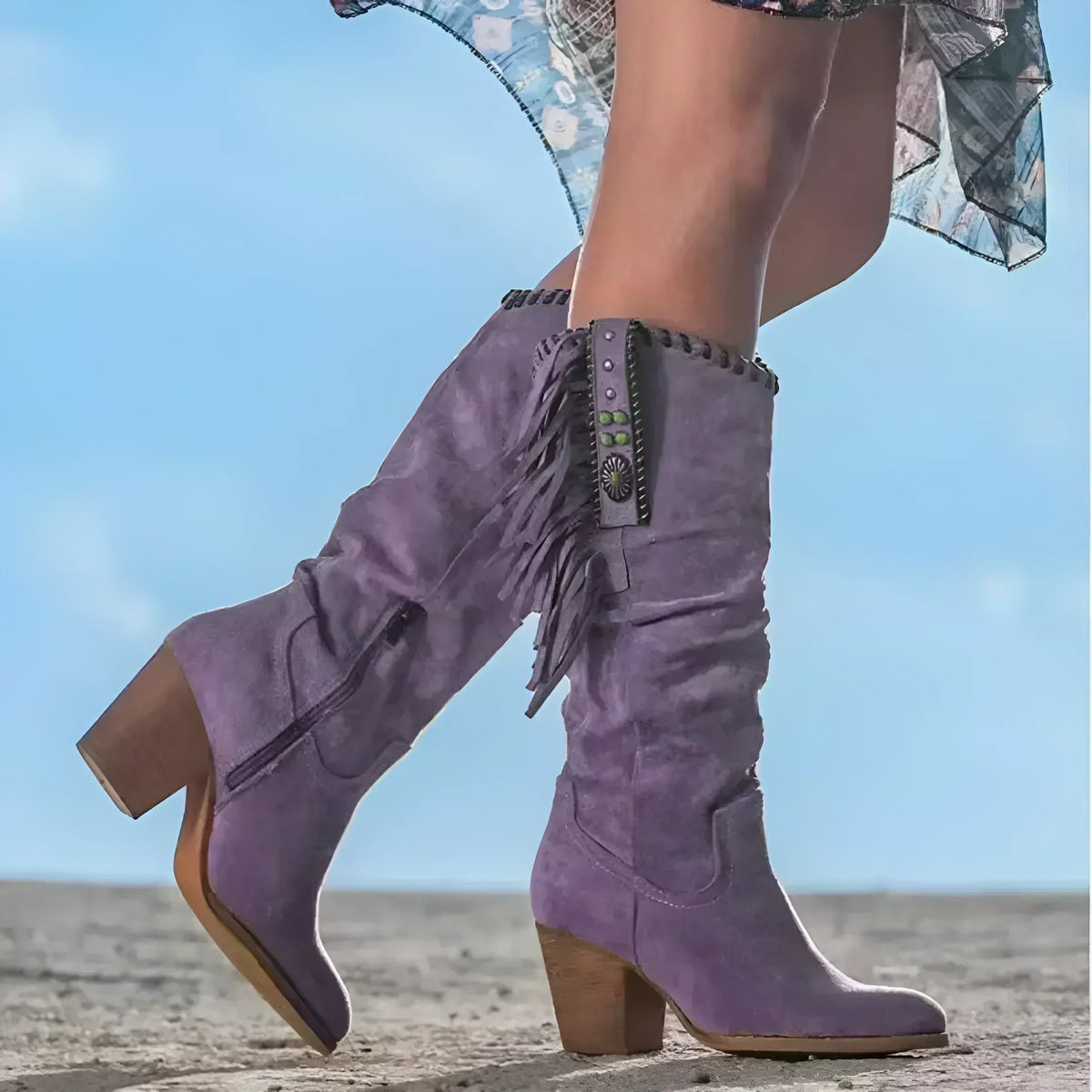 Women's Pointed-Toe Leather Western Boots with Fringe and Buckles
