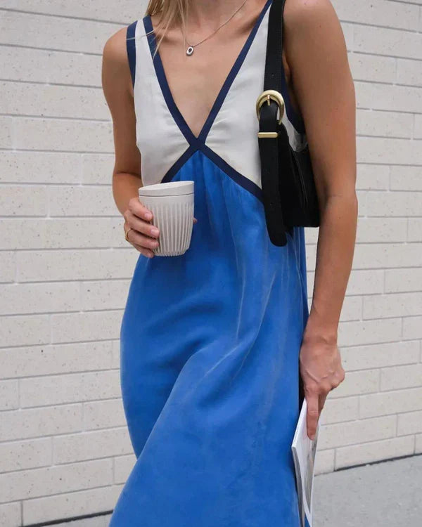 Women's V-Neck Colourblock Midi Dress with Contrast Panels