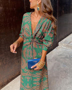 Women's V-Neck Long-Sleeve Printed A-Line Midi Dress with Knot Detail