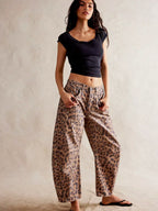 Women's Mid-Rise Wide-Leg Leopard Print Jeans with Button Fastening