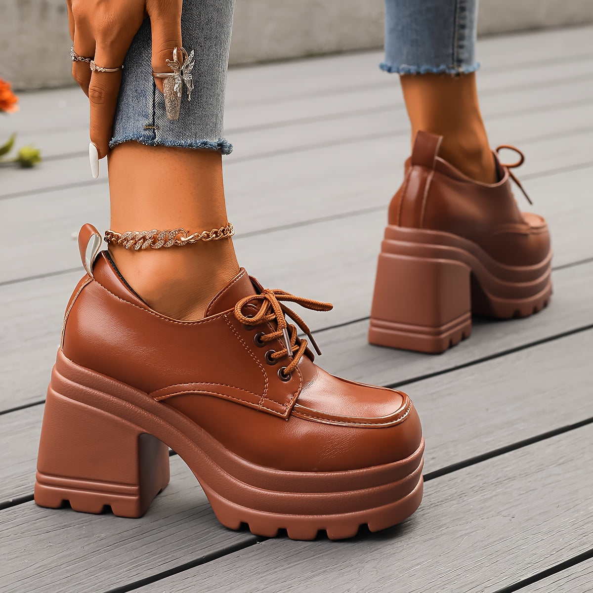 Women's Chunky Lace-Up Platform Shoes with Rubber Sole