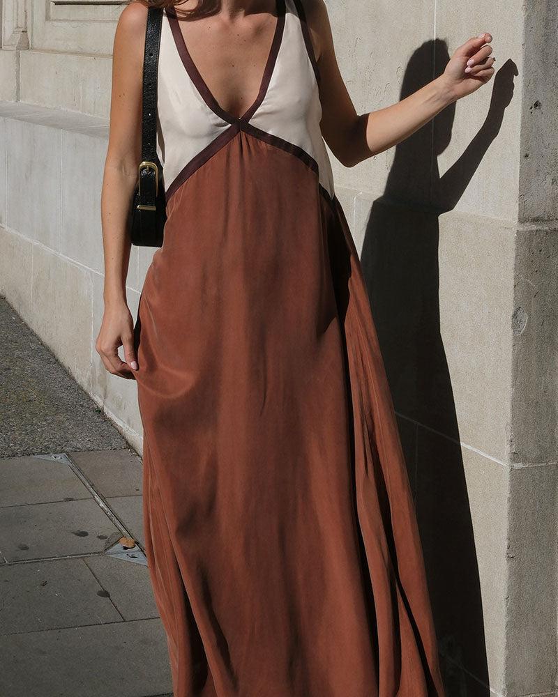 Women's V-Neck Colourblock Midi Dress with Contrast Panels