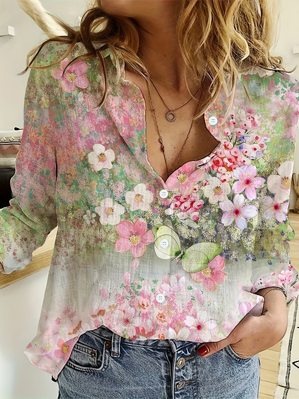 Women's Relaxed-Fit Floral Boho Blouse in Lightweight Fabric