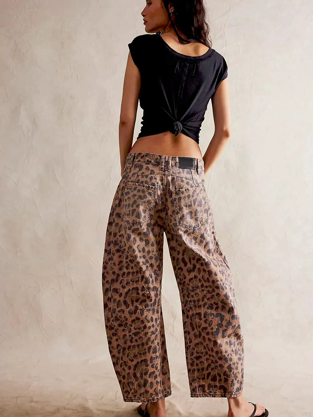 Women's Mid-Rise Wide-Leg Leopard Print Jeans with Button Fastening