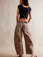 Women's Mid-Rise Wide-Leg Leopard Print Jeans with Button Fastening