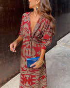 Women's V-Neck Long-Sleeve Printed A-Line Midi Dress with Knot Detail