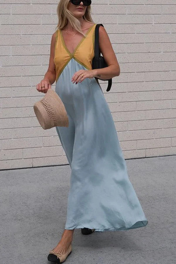Women's V-Neck Colourblock Midi Dress with Contrast Panels