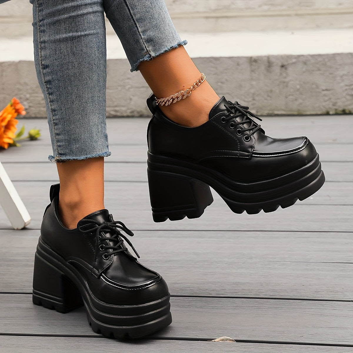 Women's Chunky Lace-Up Platform Shoes with Rubber Sole