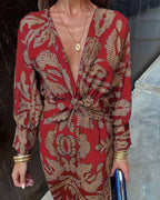 Women's V-Neck Long-Sleeve Printed A-Line Midi Dress with Knot Detail