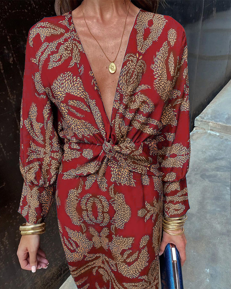 Women's V-Neck Long-Sleeve Printed A-Line Midi Dress with Knot Detail