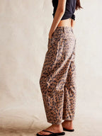 Women's Mid-Rise Wide-Leg Leopard Print Jeans with Button Fastening