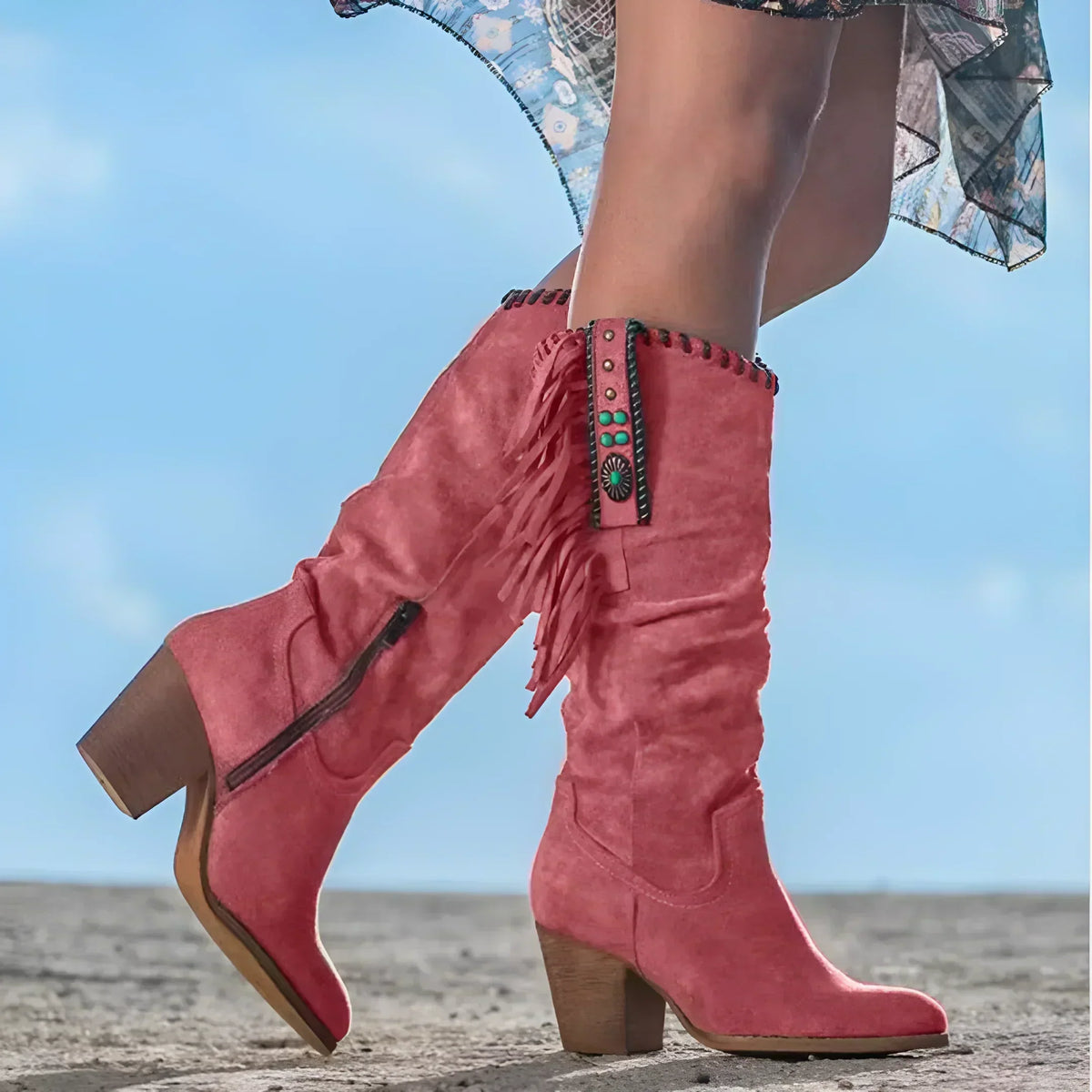 Women's Pointed-Toe Leather Western Boots with Fringe and Buckles