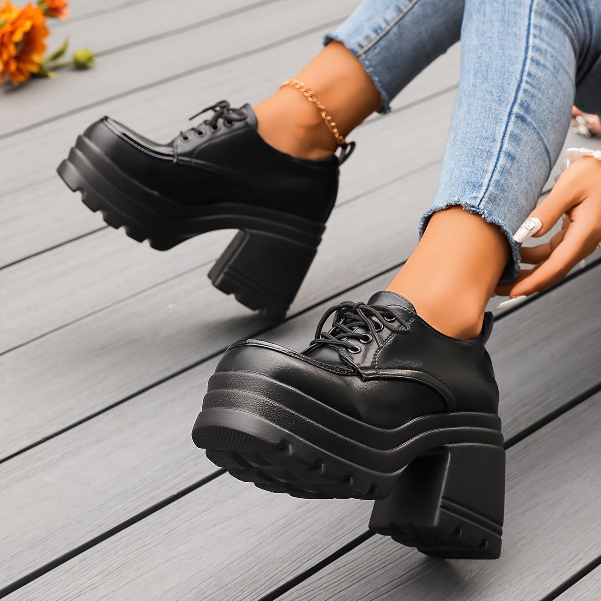 Women's Chunky Lace-Up Platform Shoes with Rubber Sole