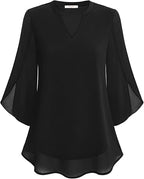 Women's V-Neck 3/4 Sleeve Chiffon Blouse with Loose Layered Fit