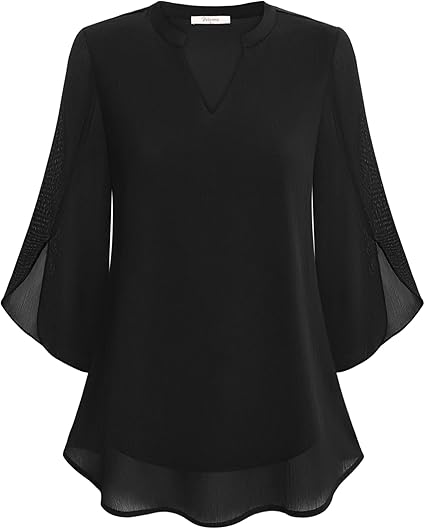 Women's V-Neck 3/4 Sleeve Chiffon Blouse with Loose Layered Fit