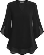 Women's Double Layer Chiffon Blouse with V-Neck and 3/4 Sleeves