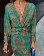 Women's V-Neck Long-Sleeve Printed A-Line Midi Dress with Knot Detail