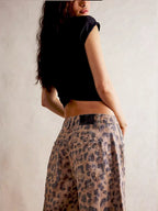 Women's Mid-Rise Wide-Leg Leopard Print Jeans with Button Fastening