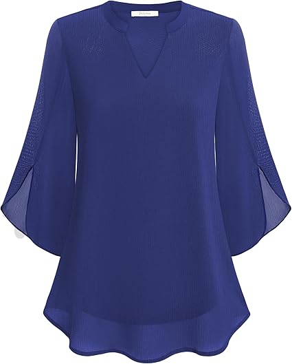 Women's V-Neck 3/4 Sleeve Chiffon Blouse with Loose Layered Fit