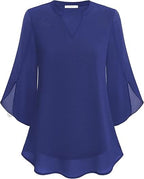 Women's Double Layer Chiffon Blouse with V-Neck and 3/4 Sleeves