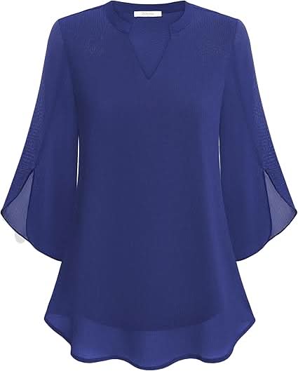 Women's Double Layer Chiffon Blouse with V-Neck and 3/4 Sleeves