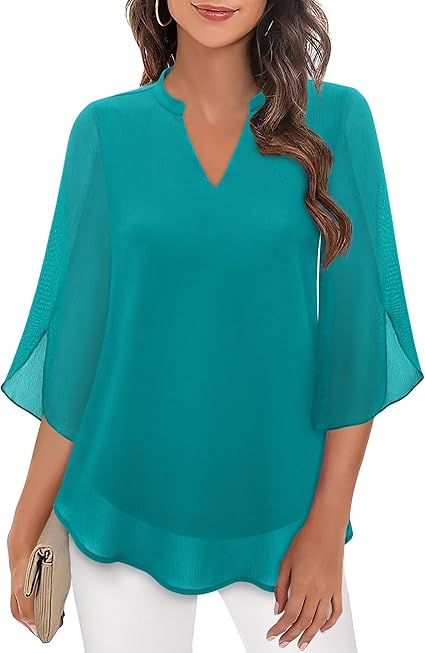 Women's V-Neck 3/4 Sleeve Chiffon Blouse with Loose Layered Fit
