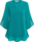 Women's V-Neck 3/4 Sleeve Chiffon Blouse with Loose Layered Fit